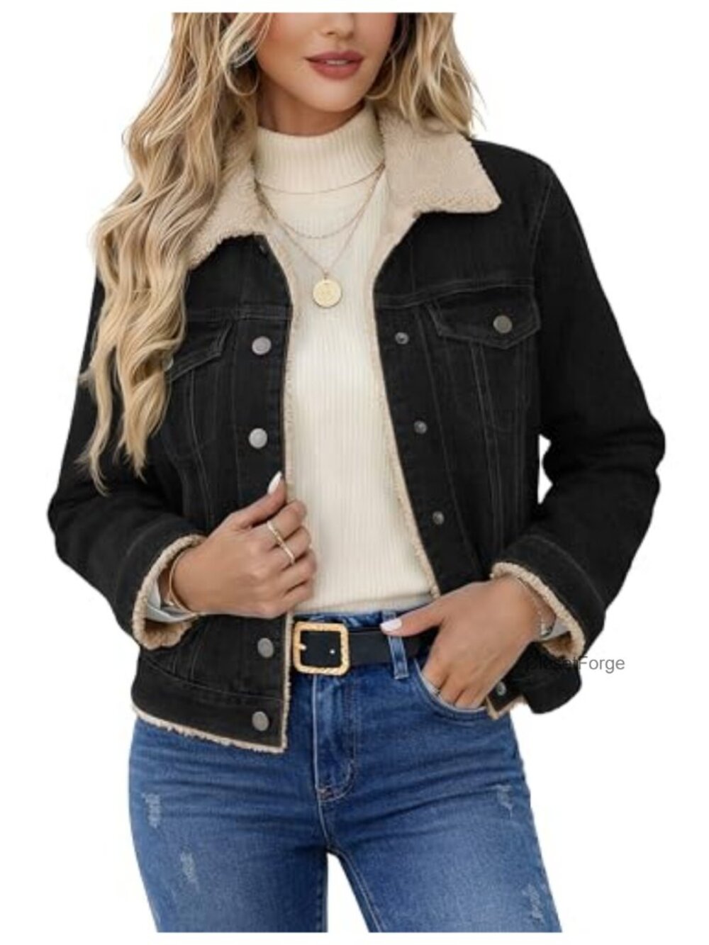 Women's Sherpa Lined Denim Jacket Fleece Button Down Trucker with Pockets